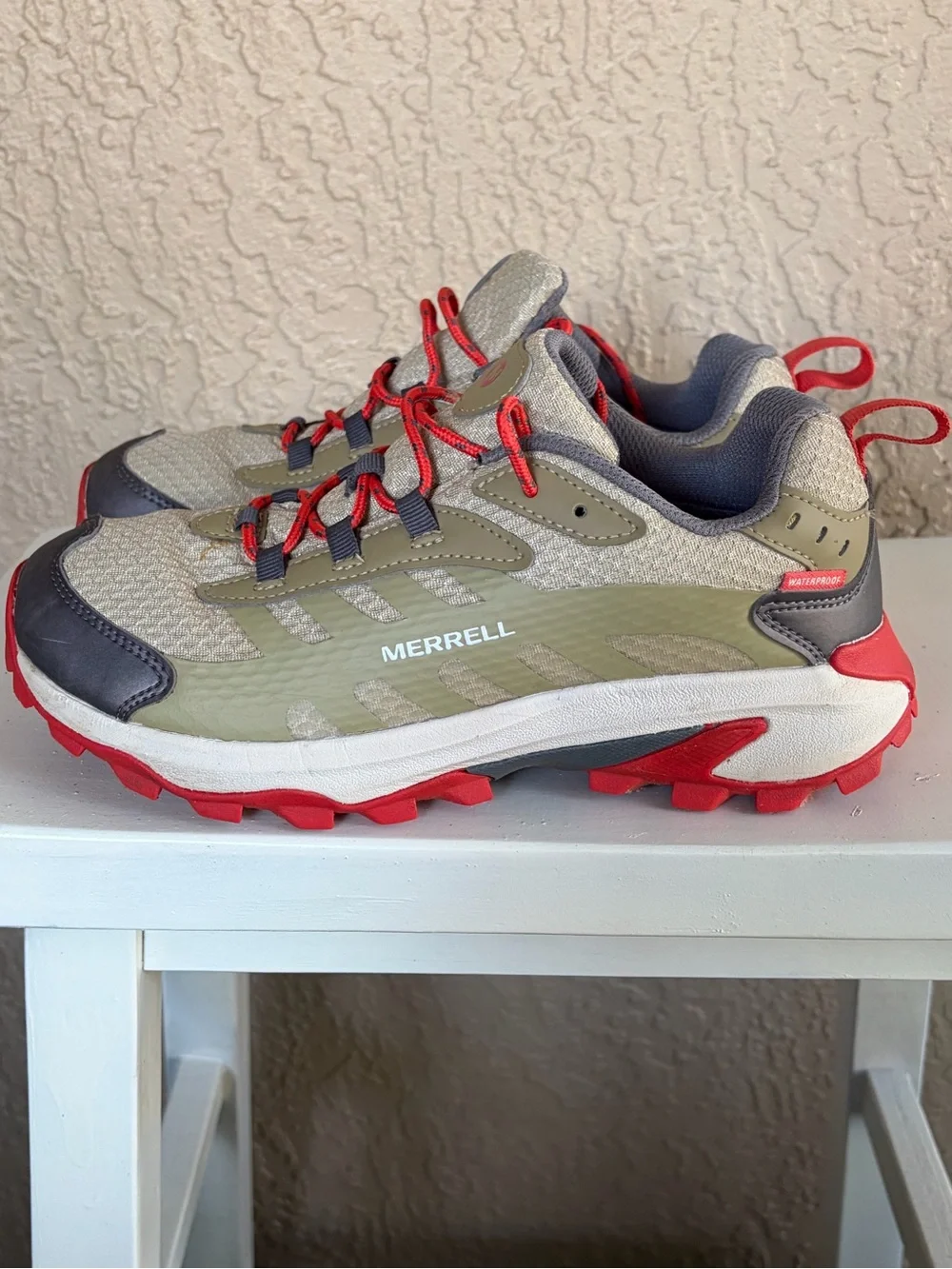 Merrell Waterproof Big Kids’ Olive Green and Red Trail Sneakers